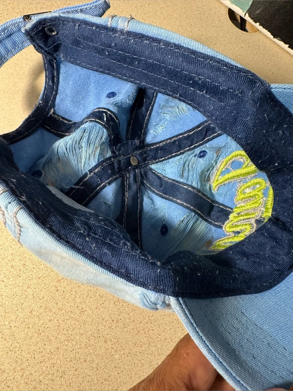 Light Blue Distressed Denim Baseball Cap with Yellow Jamaica Script | Unisex